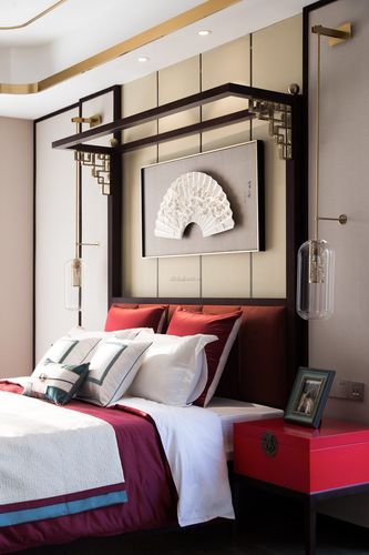 新中式风格437平四层别墅卧室床头背景墙装修图片